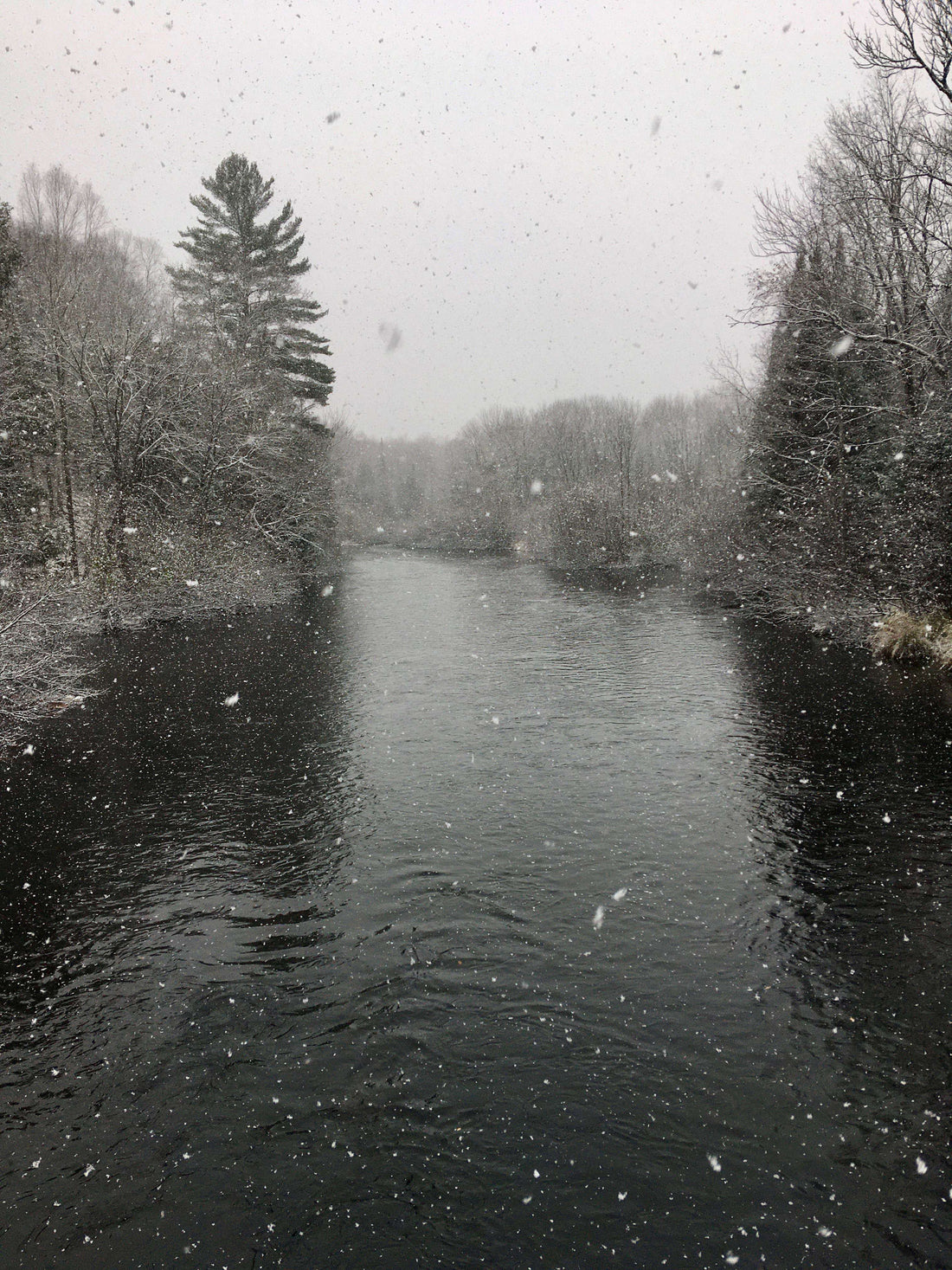Snow falling on a river